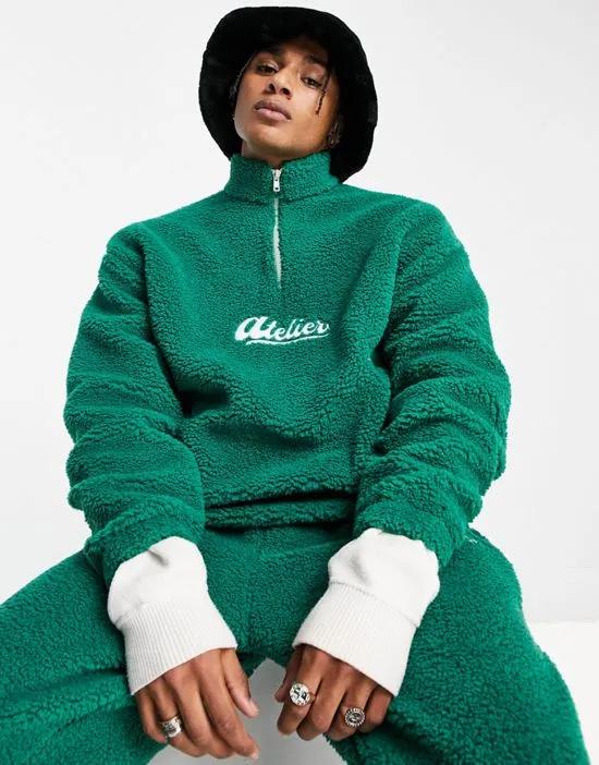 oversized half zip sweatshirt in green teddy with collegiate embroidery - part of a set