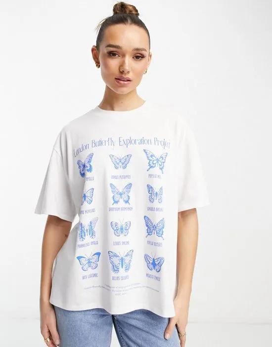 oversized heavy weight t-shirt in butterflies graphic in white