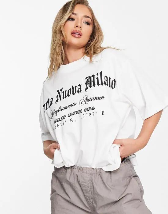oversized heavyweight T-shirt with gothic milano graphic in white