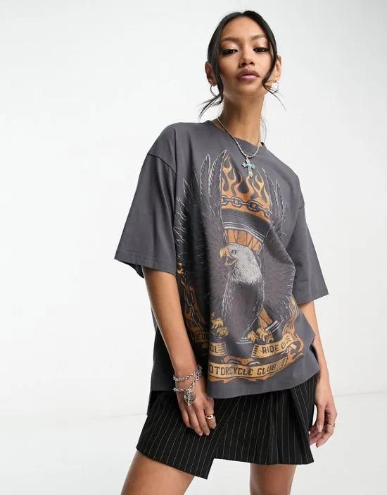oversized heavyweight T-shirt with orange rock graphic in washed charcoal