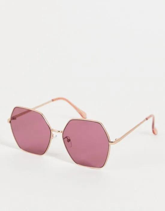 oversized hex sunglasses in gold with blush lens