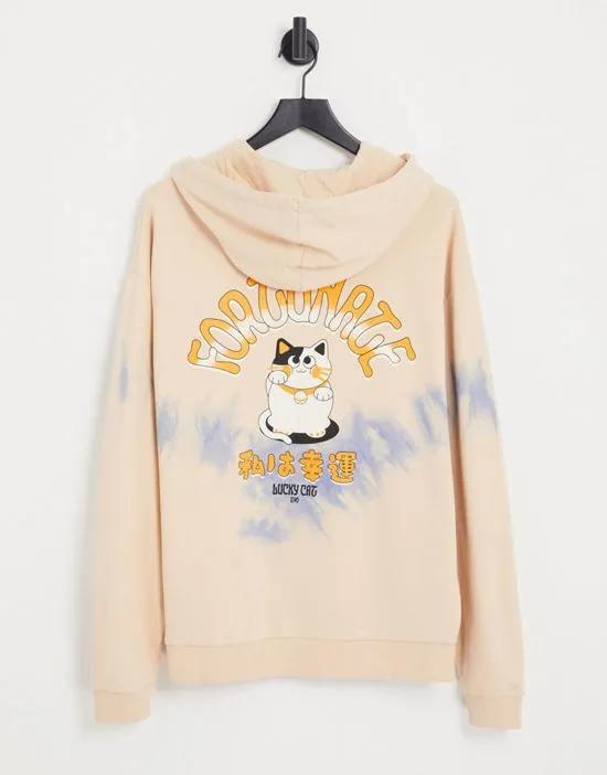 oversized hoodie in beige tie dye with back fortunate cat print