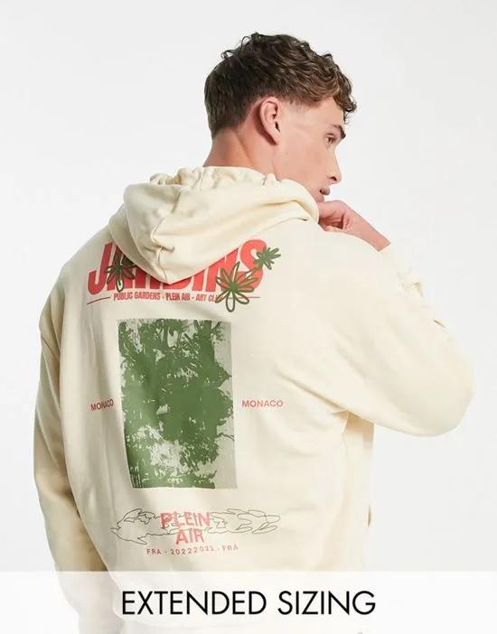 oversized hoodie in beige with floral photographic back print