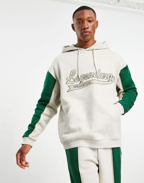 oversized hoodie in gray heather & green color block with embroidery