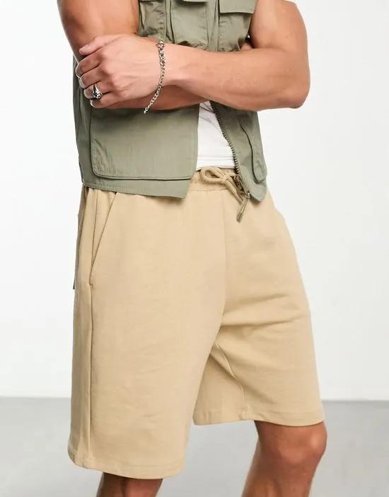 oversized jersey mid length shorts in beige