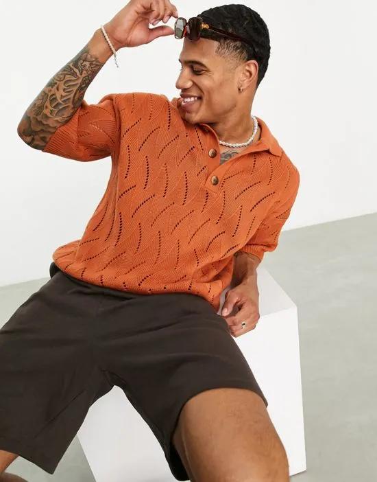 oversized knit pointelle polo in burnt orange