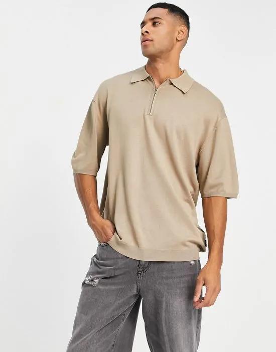 oversized knit polo with quarter zip in beige