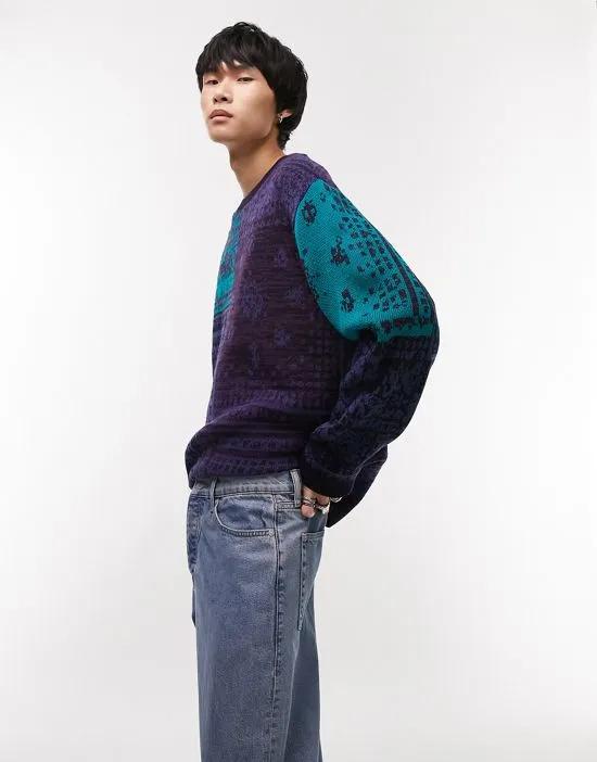 oversized knitted crew neck sweater with all over paisley print in multi