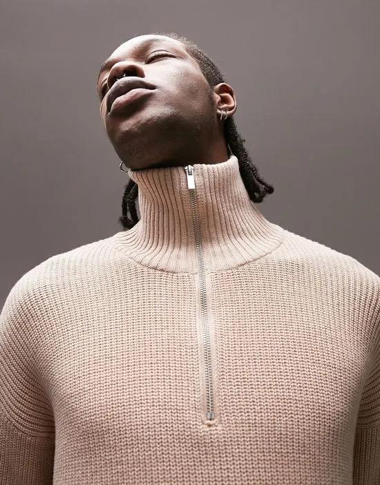 oversized knitted funnel neck sweater in stone