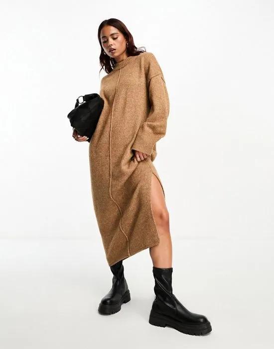 oversized knitted midi dress with crew neck and seam detail in camel