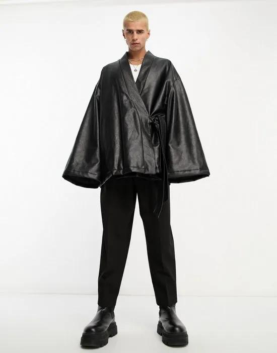 oversized leather look wrap jacket in black