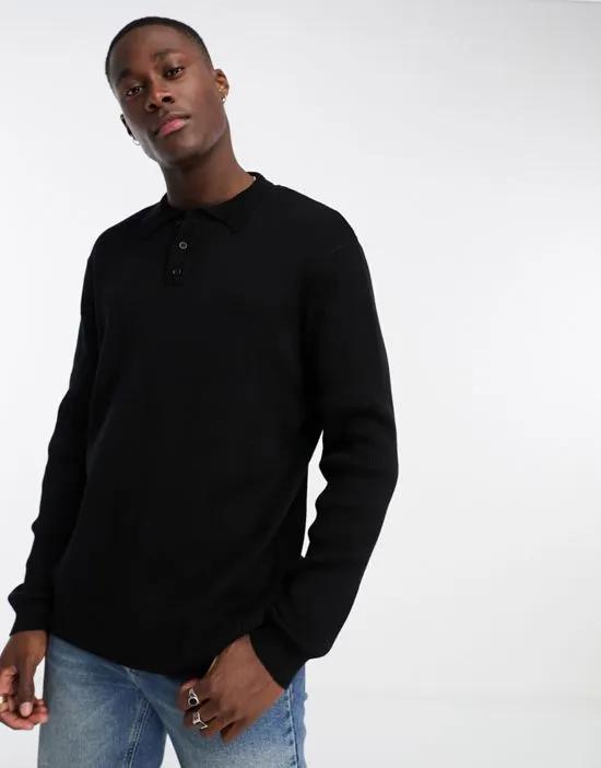 oversized lightweight knitted rib polo sweater in black