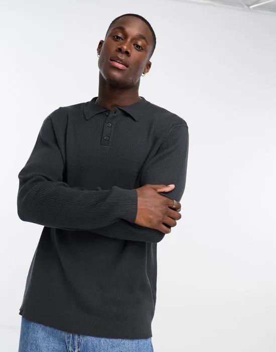 oversized lightweight knitted rib polo sweater in charcoal