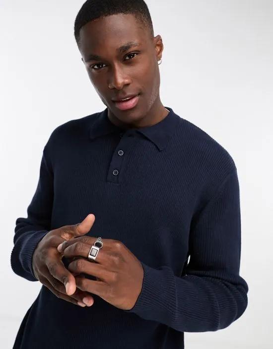 oversized lightweight knitted rib polo sweater in navy