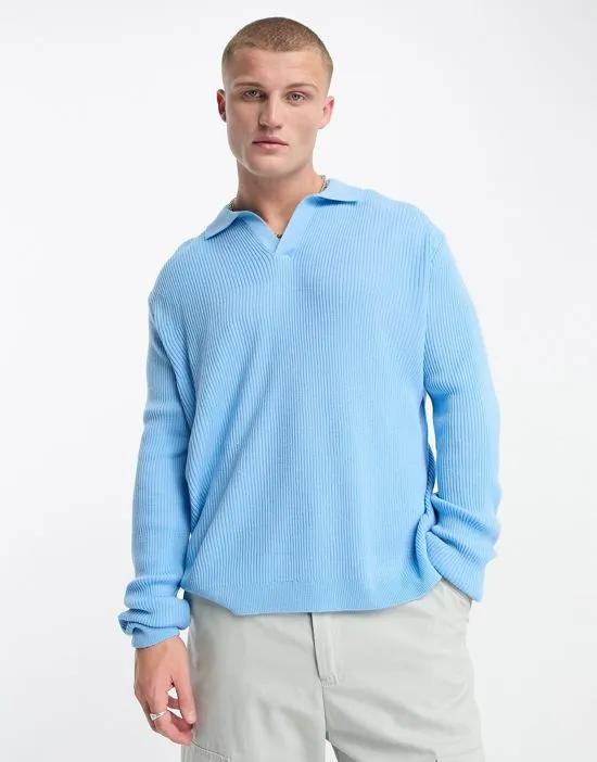 oversized lightweight rib sweater with notch neck in blue