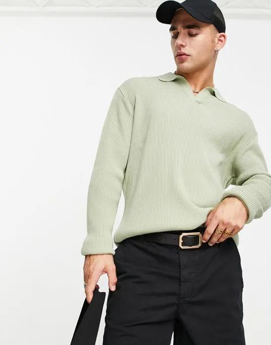 oversized lightweight rib sweater with notch neck in sage green