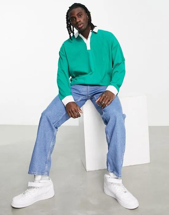 oversized long sleeve polo in green with white contrast