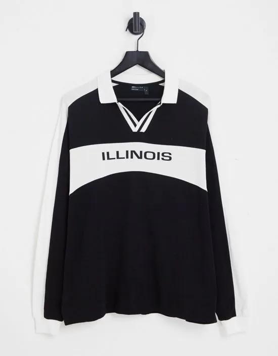 oversized long sleeve polo T-shirt in black with Illinois print & v-neck collar