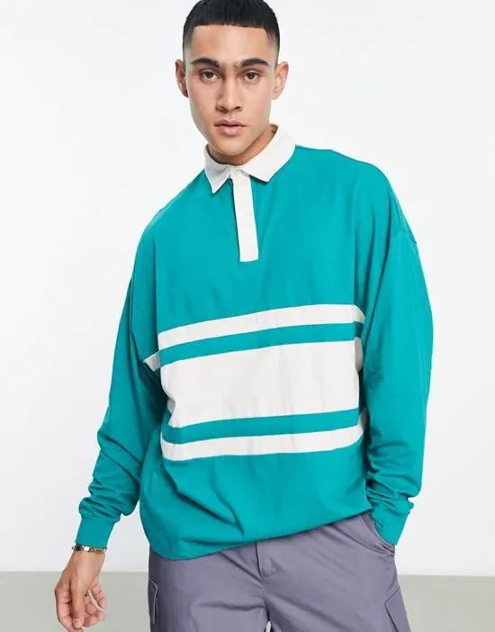 oversized long sleeve polo t-shirt in green with white panels