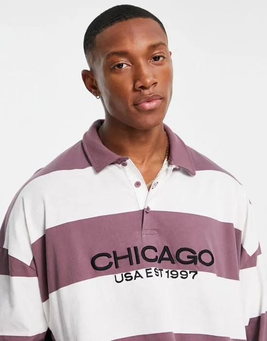 oversized long sleeve polo t-shirt in purple stripe with Chicago print