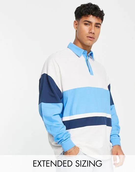 oversized long sleeve rugby polo t-shirt in blue color block