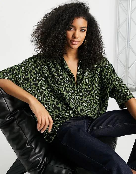 oversized long sleeve shirt in green leopard print
