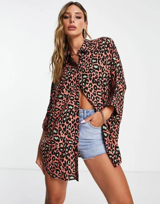 oversized long sleeve shirt in red leopard print