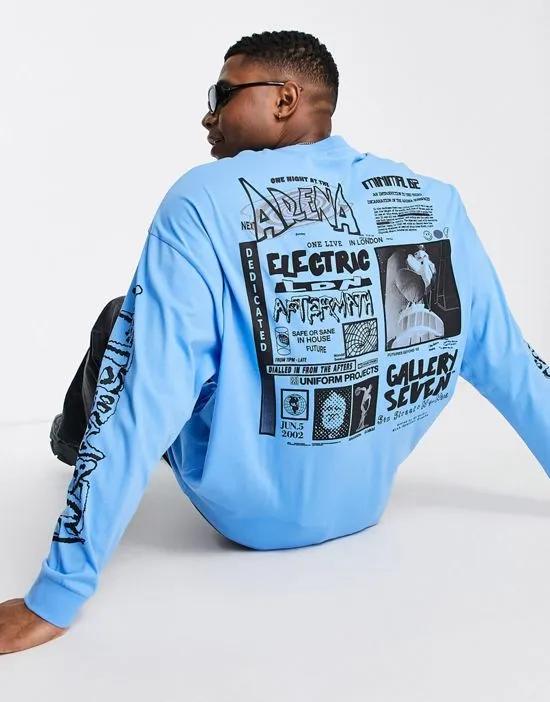oversized long sleeve t-shirt in blue with street back & sleeve prints
