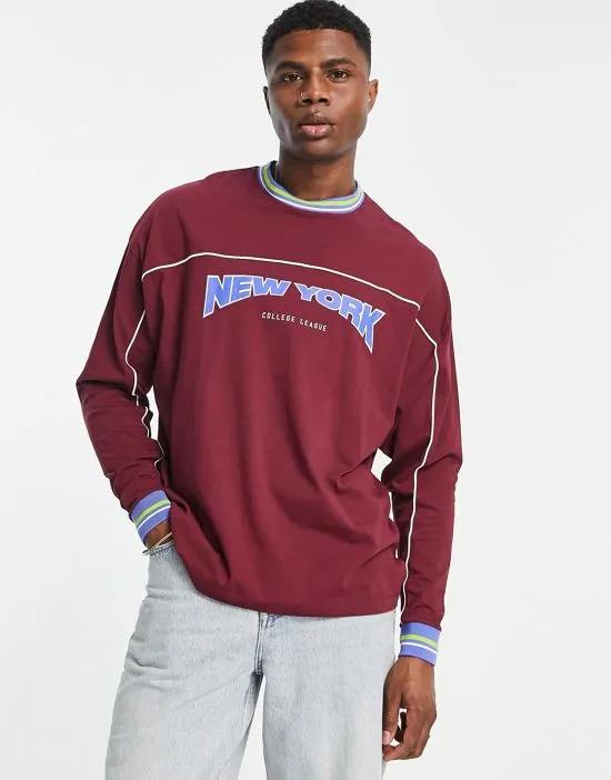 oversized long sleeve t-shirt in burgundy with New York city print