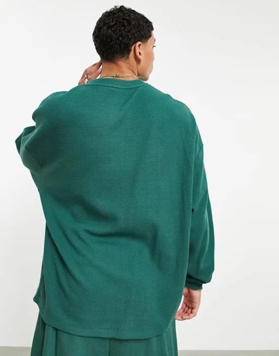oversized long sleeve waffle t-shirt in dark green - part of a set