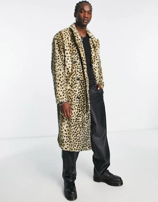 oversized longline leopard print faux fur coat