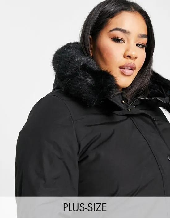 oversized longline parka coat with faux fur hood