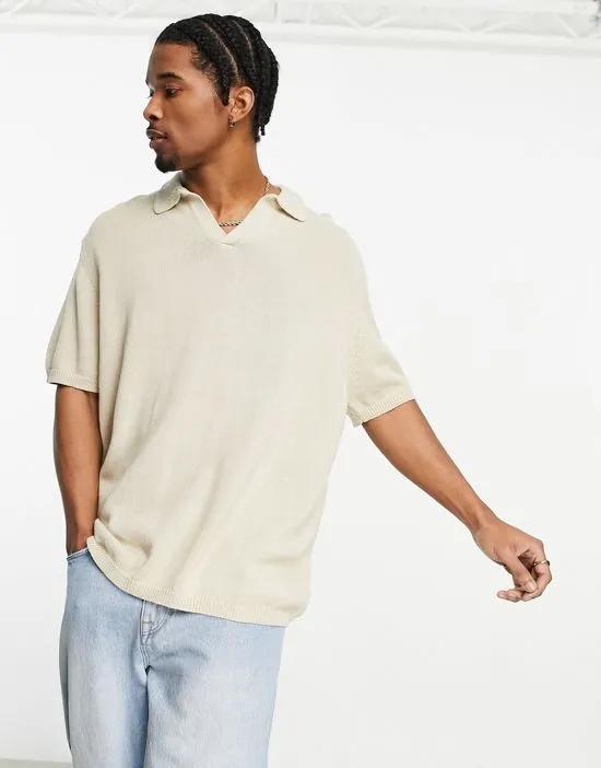 oversized midweight knit cotton notch neck polo in beige