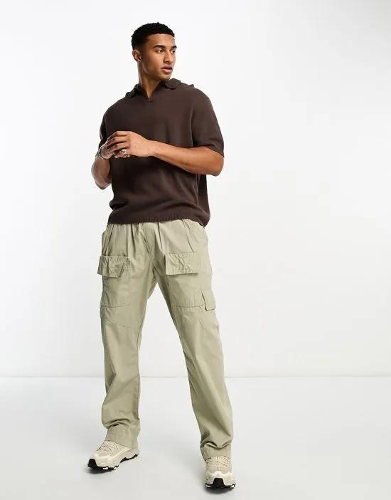 oversized midweight knit cotton notch neck polo in washed brown