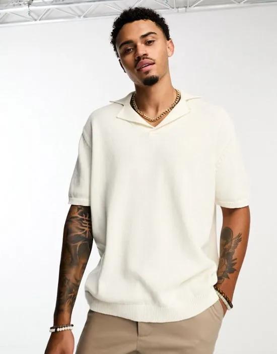 oversized midweight knitted cotton revere polo in beige