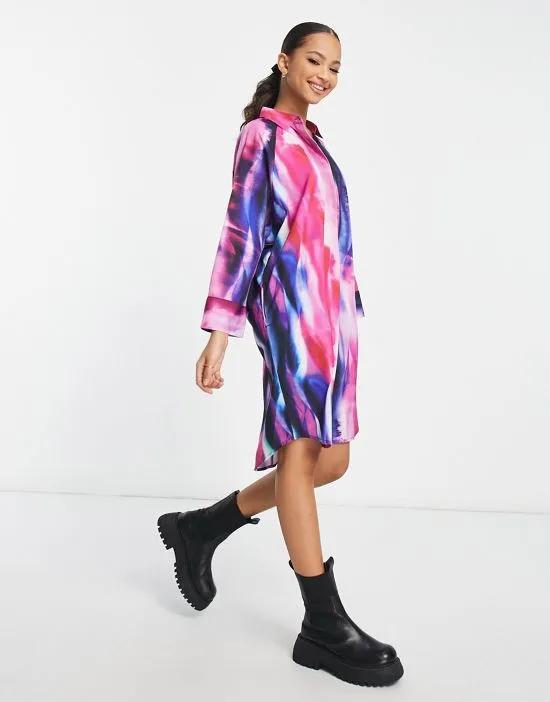 oversized mini shirt dress in pink and purple abstract print