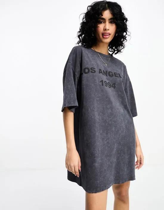 oversized mini tee dress with washed graphic in gray