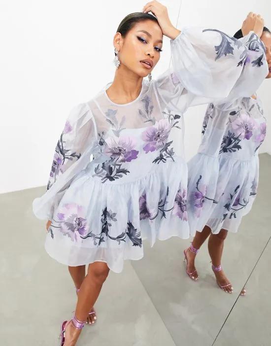 oversized organza mini smock dress with floral embroidery in baby blue