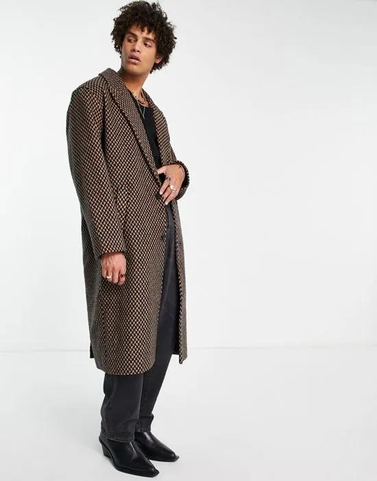 oversized overcoat in brown geo print