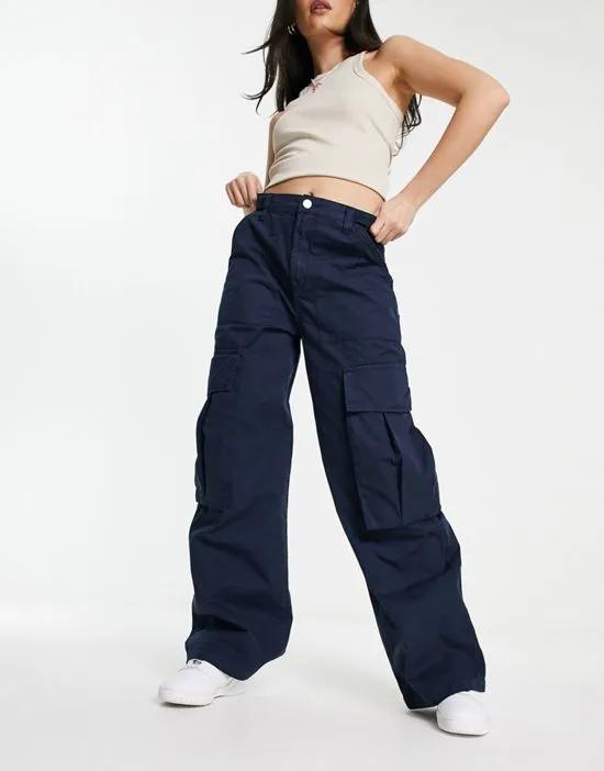 oversized pocket straight leg cargo pants in navy