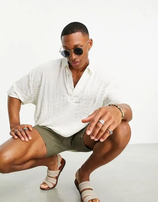 oversized polo shirt in beige texture with deep v revere