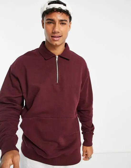 oversized polo sweatshirt with zip in burgundy