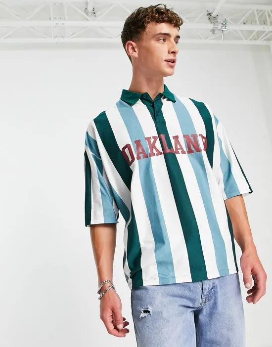 oversized polo t-shirt in green stripe with Oakland print