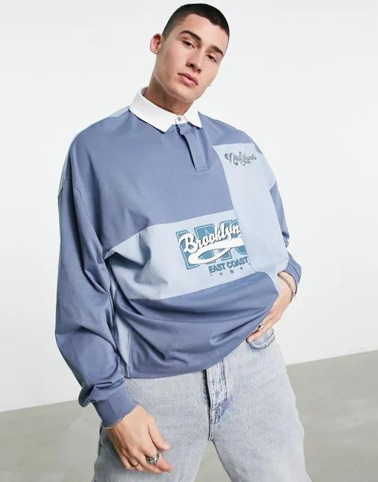 oversized polo t-shirt with spliced color block in blue