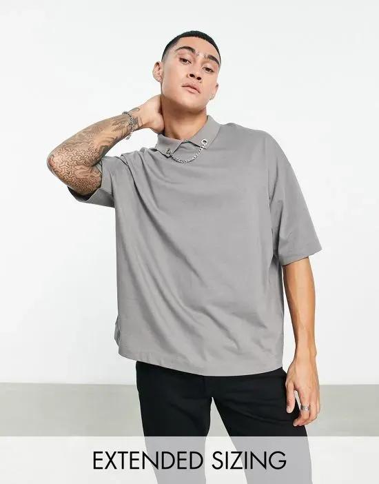 oversized polo with chain detail in washed black