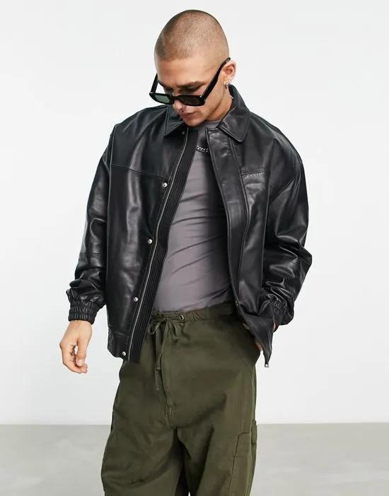 oversized real leather bomber jacket in black