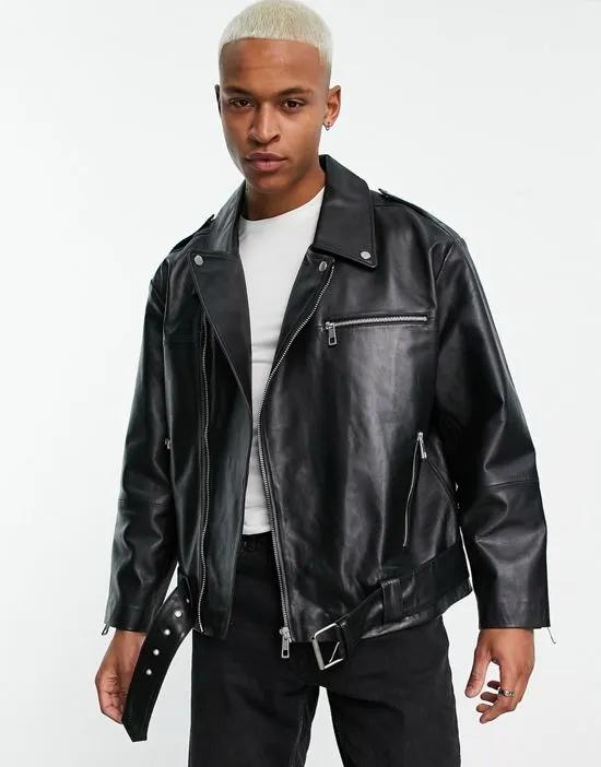 oversized real leather moto jacket in black