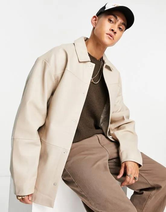 oversized real leather shacket in beige