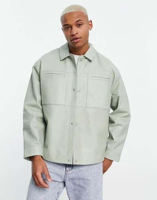 oversized real leather shacket in sage green