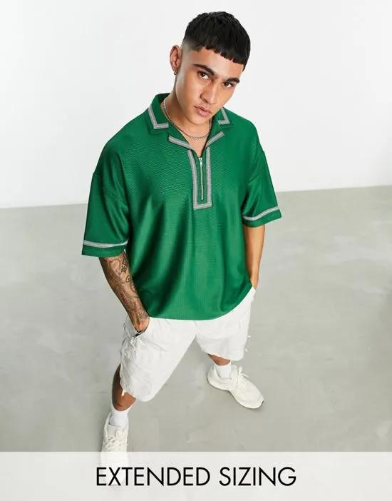 oversized retro polo shirt in green texture with tipping & zip